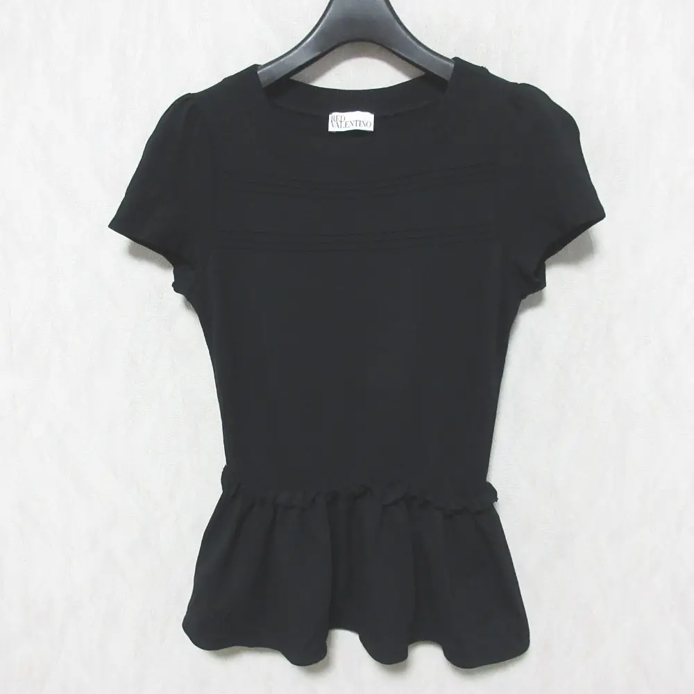 RED VALENTINO レッドヴァレンティノ ストレッチ スクエアネック 半袖 プルオーバー ペプラムカットソー M ブラック