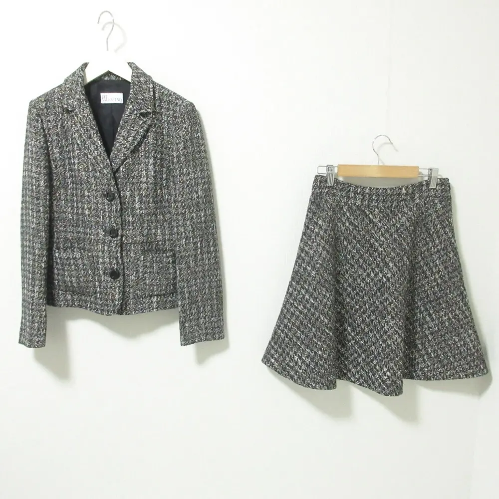 RED VALENTINO レッドヴァレンティノ ツイード ラメ糸 ジャケット×フレアスカート セットアップ スーツ 40 ブラック系