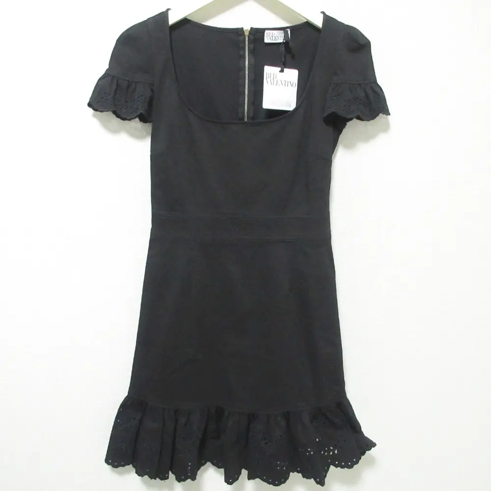RED VALENTINO レッドヴァレンティノ ストレッチ エンブロイダリー 半袖 フリル ワンピース 40 ブラック