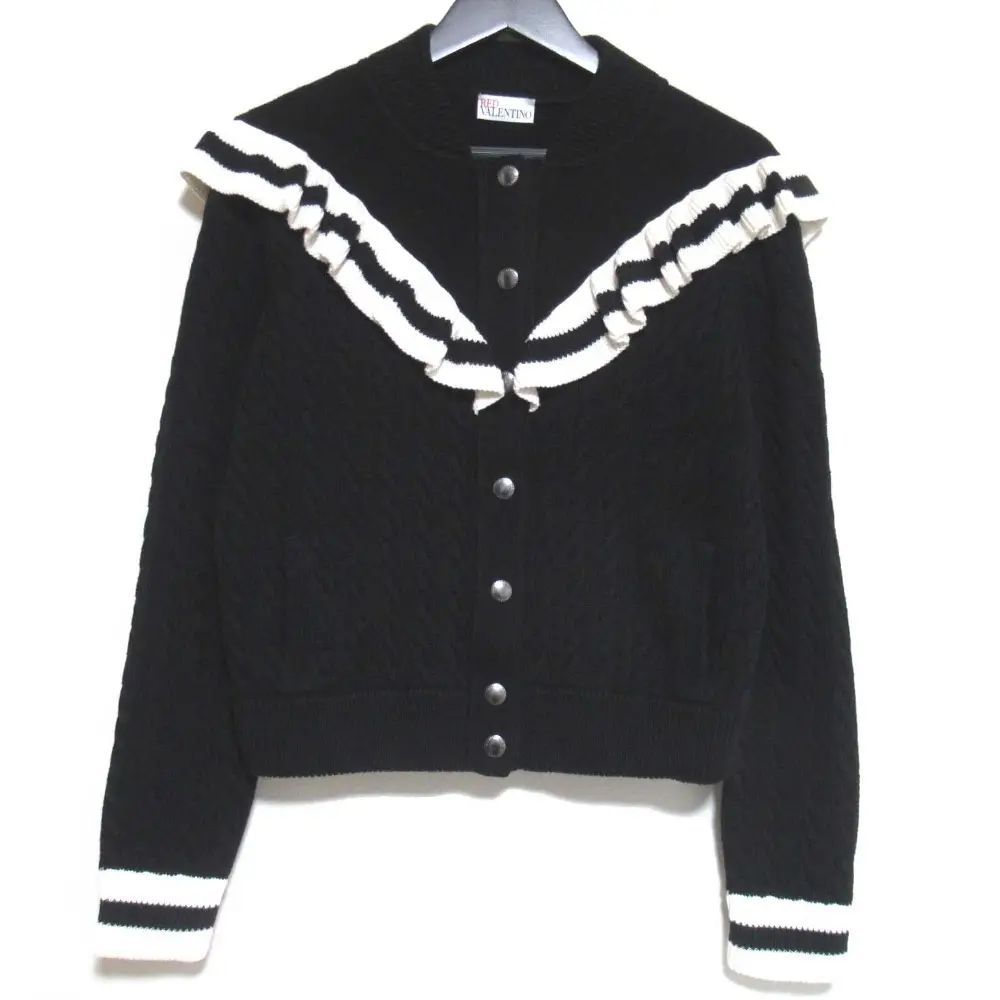 クリーニング済み RED VALENTINO レッドヴァレンティノ フリル ニット ブルゾン カーディガン M 170/92A ブラック×ホワイト