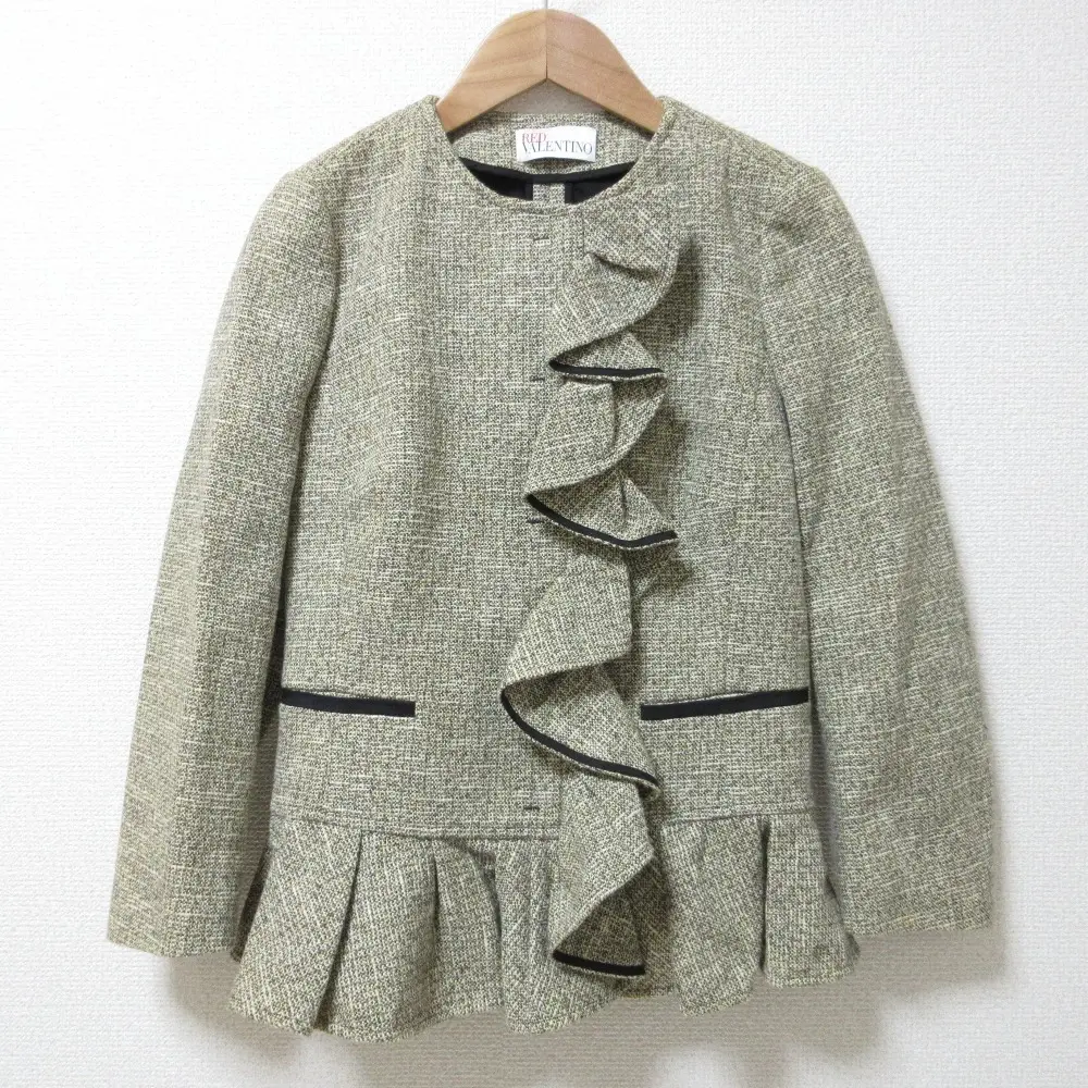 RED VALENTINO レッドヴァレンティノ フリルデザイン ノーカラー コットンツイードジャケット 38 ベージュ系