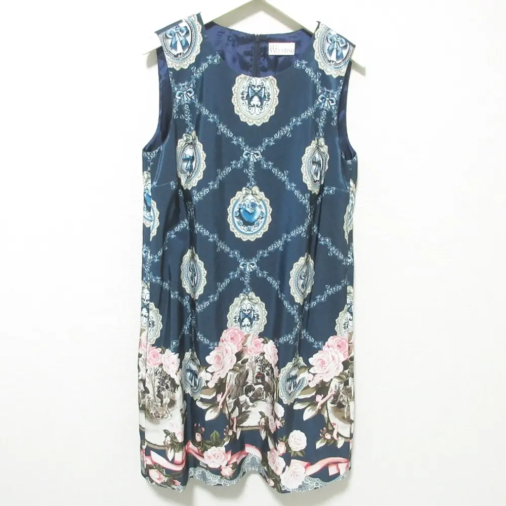 RED Valentino レッドヴァレンティノ プリント 総柄 ノースリーブ ひざ丈 Iライン ワンピース ドレス 42 ネイビー