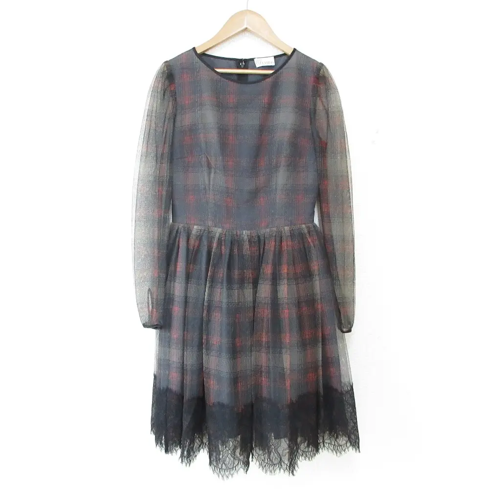 RED VALENTINO レッドヴァレンティノ チェックプリント オーガンジーワンピース 40 ダークグレー×レッド