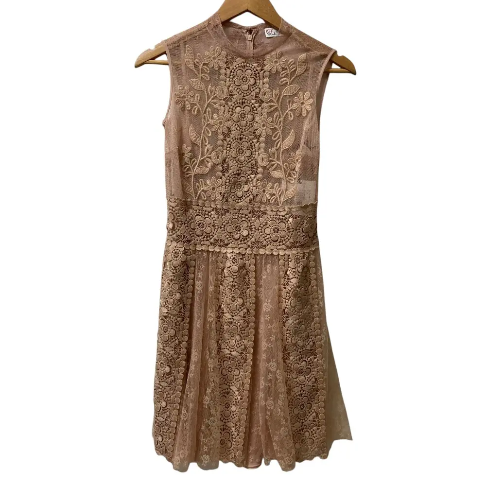 RED VALENTINO レッドヴァレンティノ フラワーレース チュールフレアワンピース サイズ38 ピンクベージュ