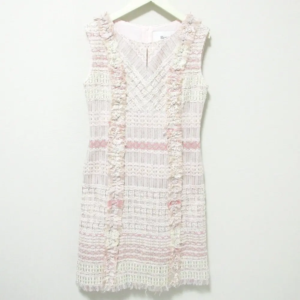 クリーニング済 Rene ルネ MALHIA KENT生地 ノースリーブ ツイードワンピース 36 ピンク