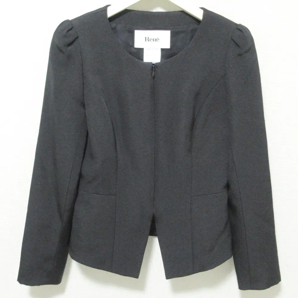 Rene ルネ シルク×ウール ボリュームスリーブ ノーカラージャケット フォーマル 34 ブラック
