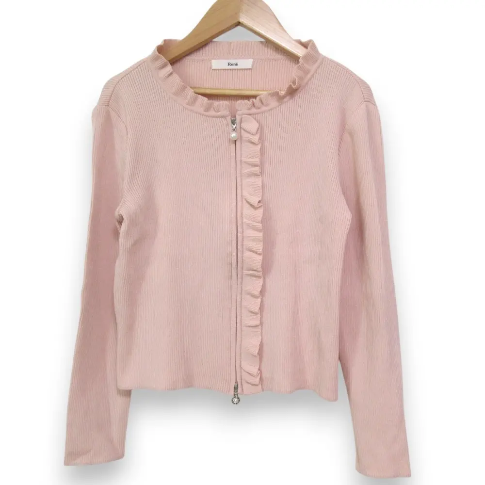 Rene ルネ 2021年モデル フリルデザイン リブニットジャケット ジップアップカーディガン サイズ34 ピンク