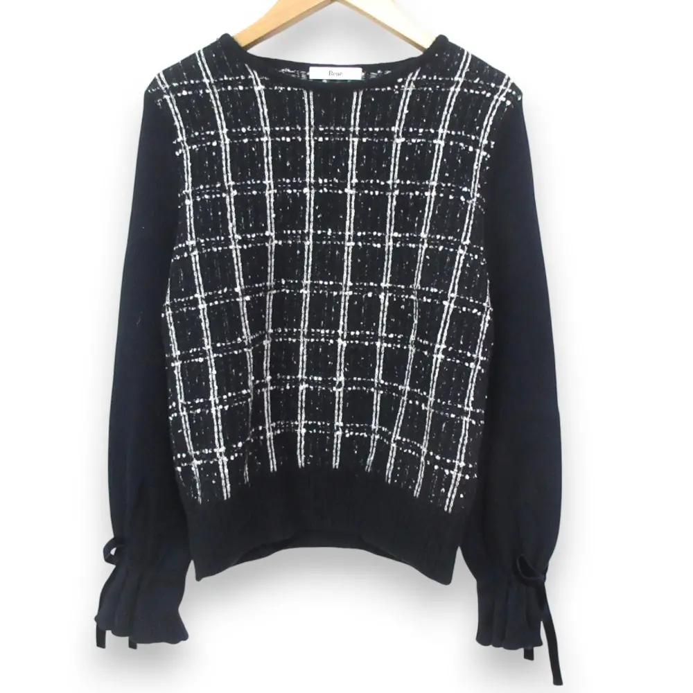 21AW Rene ルネ ウールブレンド チェック柄 袖リボン 長袖 ツイードリブニット セーター カットソー 36 ネイビー ホワイト