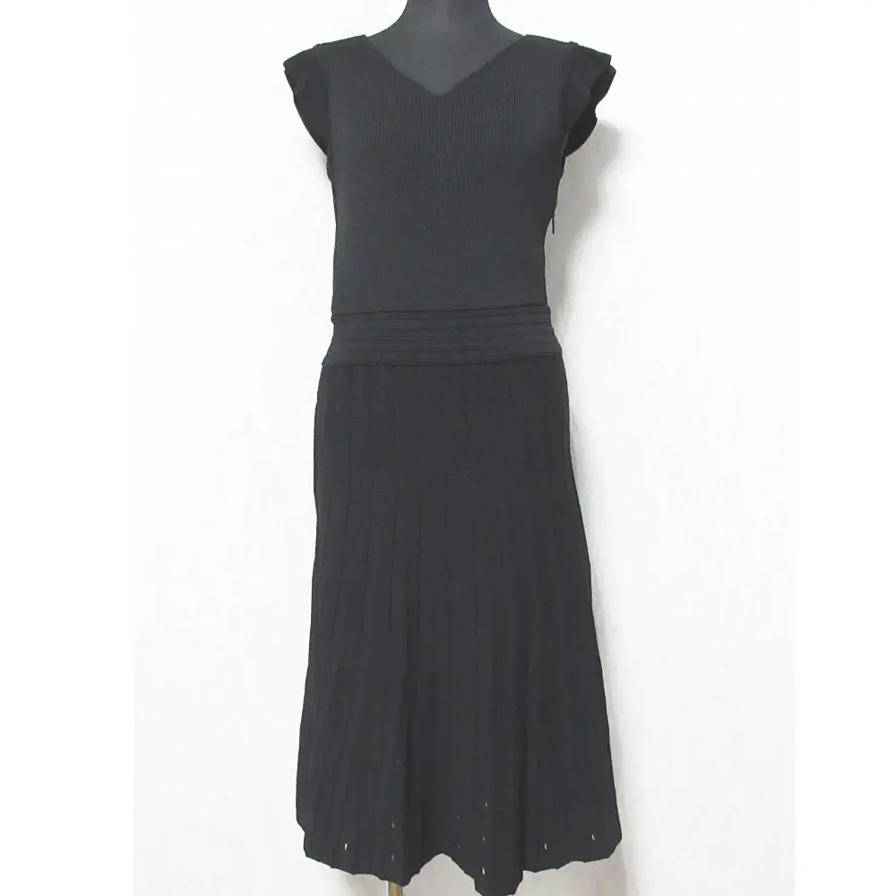 Rene ルネ 切替 ショルダーフリル ひざ丈 ミディ丈 ノースリーブ フレア リブニットワンピース ドレス 34 ブラック