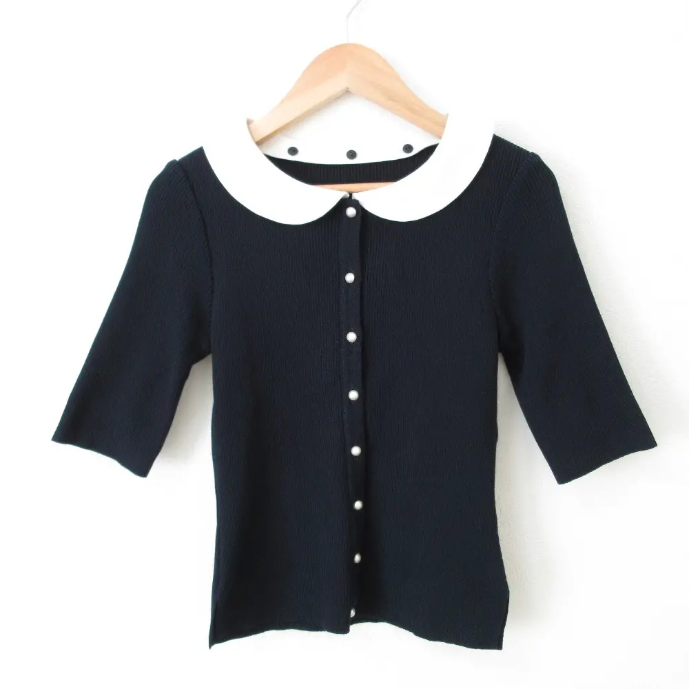 Rene ルネ ストレッチ 襟付き 2WAY パールボタン 五分袖 リブニットカーディガン 34 ネイビー