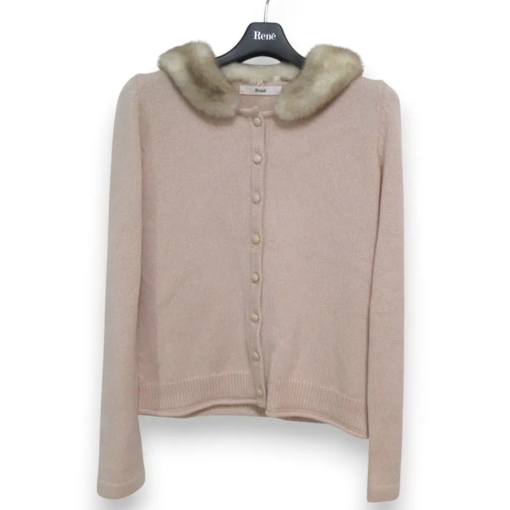 Rene ルネ カシミヤ100％ ミンクファーカラー 長袖 ニット カーディガン 36 ピンクベージュ
