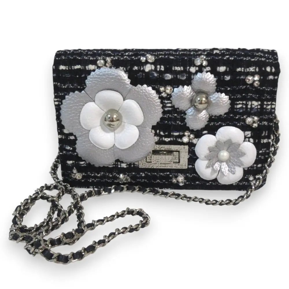 Rene ルネ カペラ ツイード チェーンショルダーウォレット ミニバッグ ハンドバッグ ブラック×ネイビー