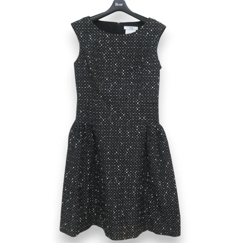 Rene ルネ TISSUE フランス製生地 ラメ ジャガード ノースリーブ ミモレ丈 フレアワンピース 36 ブラック系