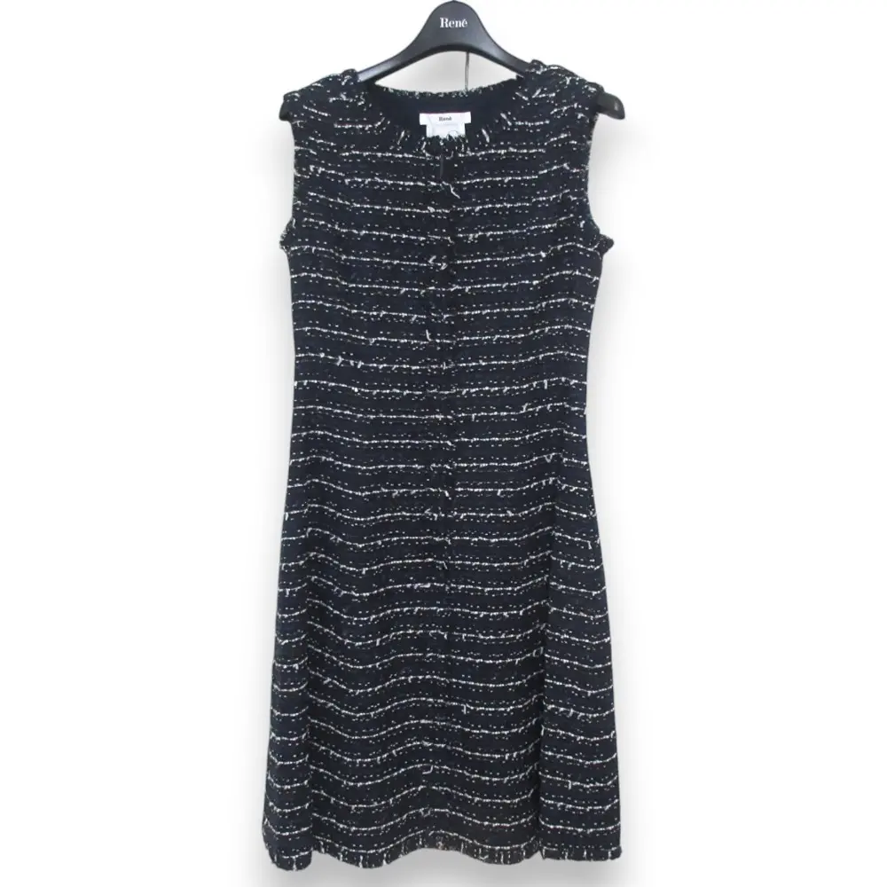 Rene ルネ TISSUE イギリス製生地 ノースリーブ ミモレ丈 ツイードワンピース 36 ネイビー系