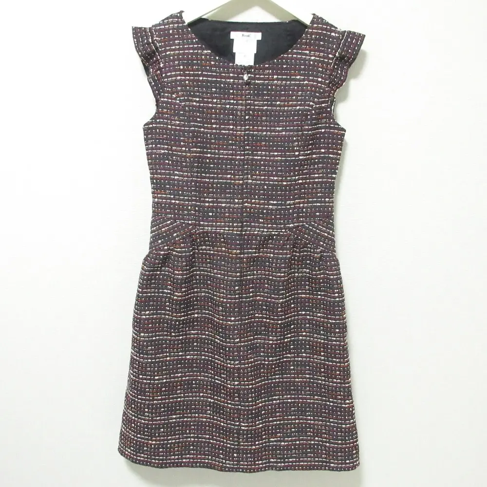 Rene ルネ TISSUE社製 ツイード ブローチ付き ひざ丈 ノースリーブ ワンピース ドレス 36 ブラック系