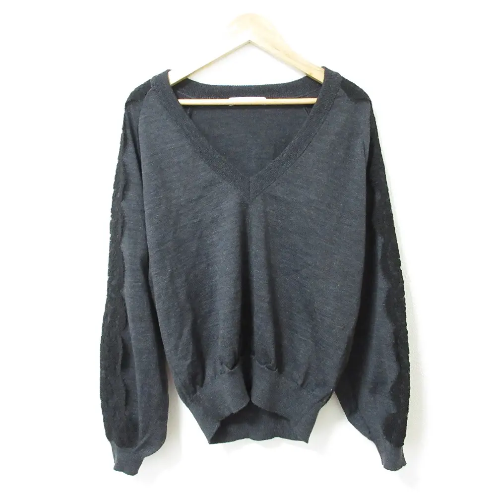 Rene ルネ ウール100％ レーススリーブ ハイゲージ Vネック 長袖 プルオーバー ニット カットソー セーター 36 グレー