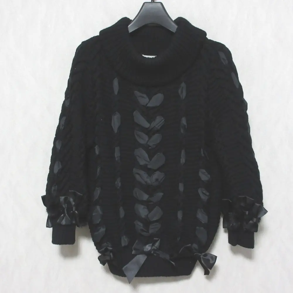 Rene ルネ ウール100％ リボン ミンクファー付 長袖 ニット セーター 36 ブラック