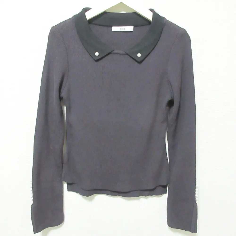 Rene ルネ フェイクパール 襟付き リブニット セーター チャコールグレー×ブラック