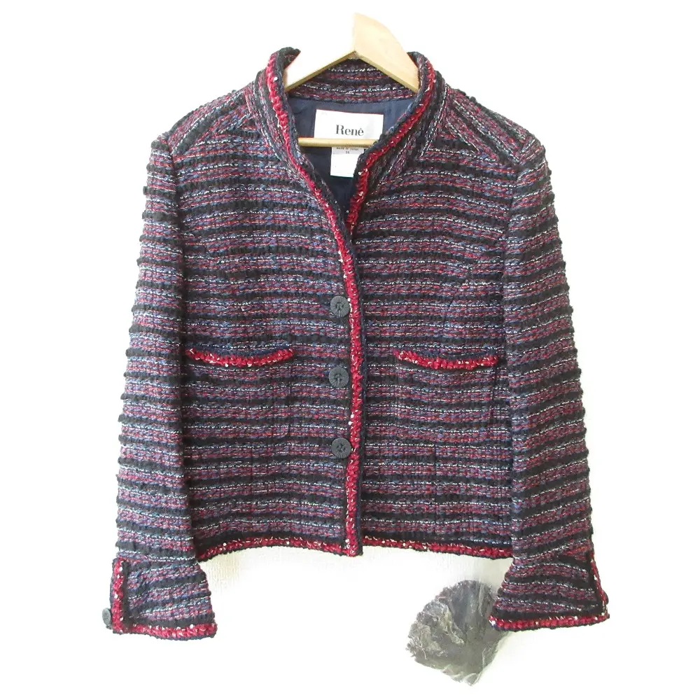 Rene ルネ TISSUE社製 コサージュ付き ツイードジャケット ブルゾン 38 ネイビー系