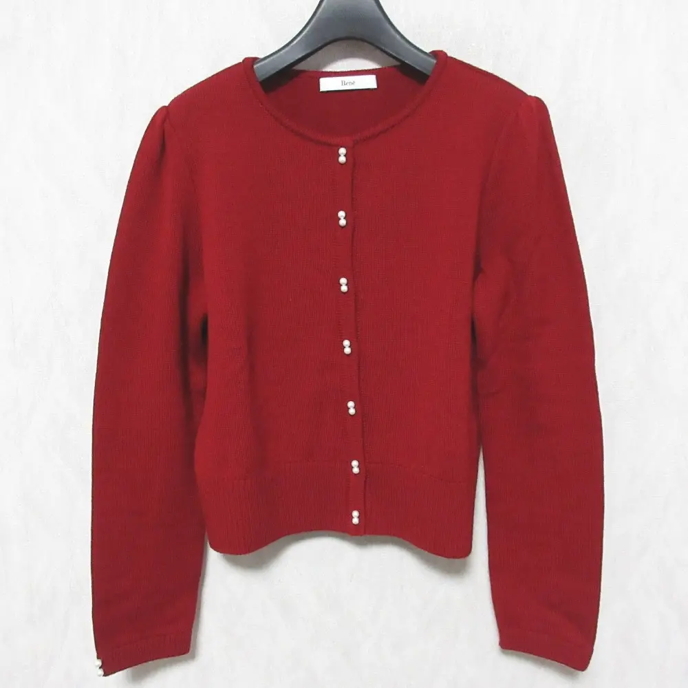 21AW Rene ルネ ウール100％ パールボタン クルーネック ニットカーディガン 38 レッド