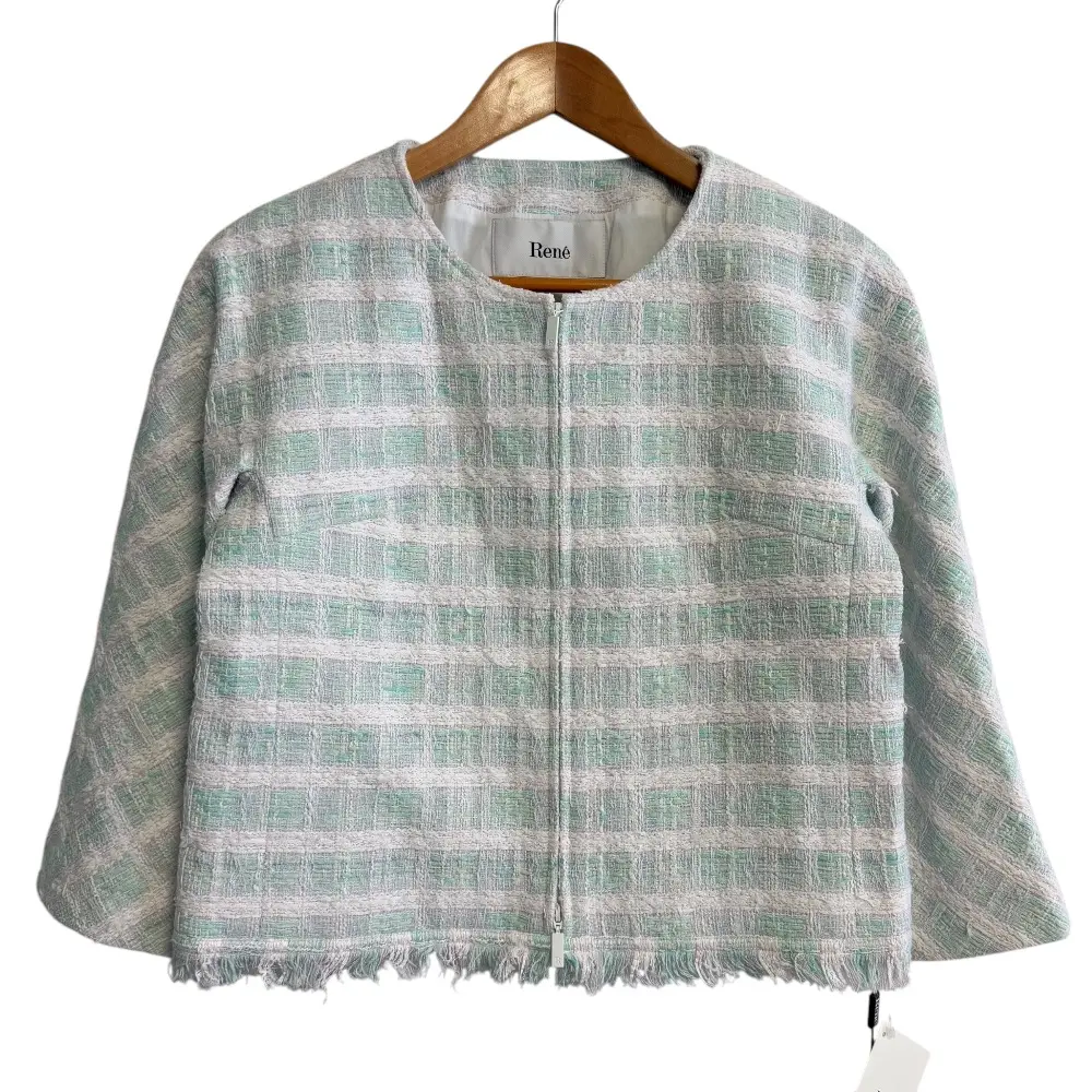 Rene ルネ マリアケント生地 ショート丈 ノーカラー ツイードジャケット 34 ホワイト×グリーン