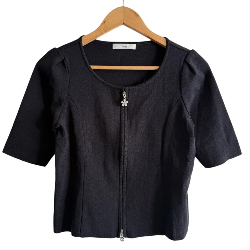 22SS Rene ルネ Crystal zip 半袖 ジップアップ ニット カーディガン 38 ネイビー