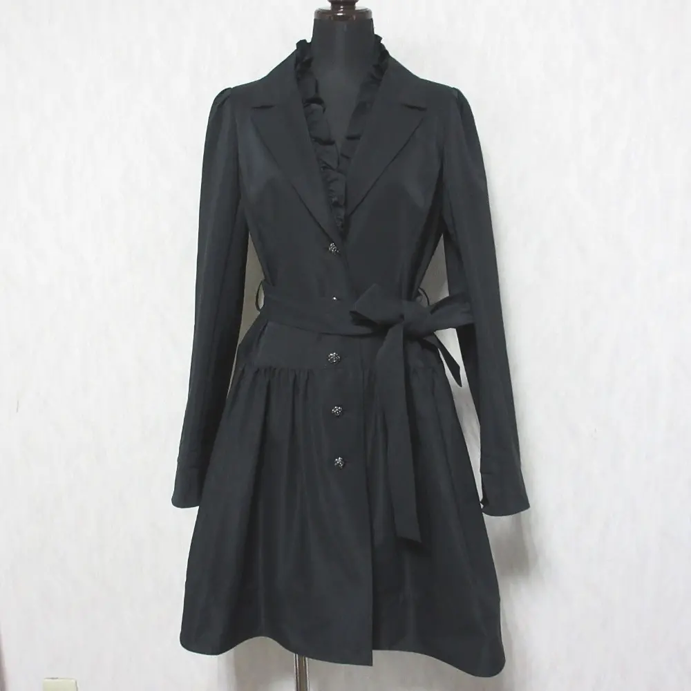 Rene ルネ フラワー釦 フリルカラー 2WAY シングル ベルテッド トレンチコート スプリングコート 36 ブラック