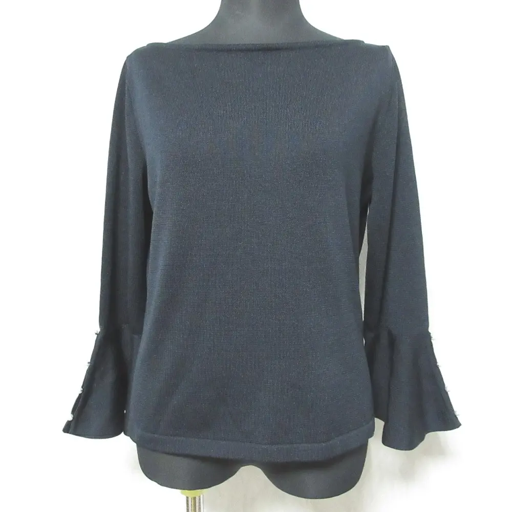 Rene basic ルネベーシック パール調ボタン フレアスリーブ ボートネック プルオーバー ニット トップス カットソー 36 ブラック