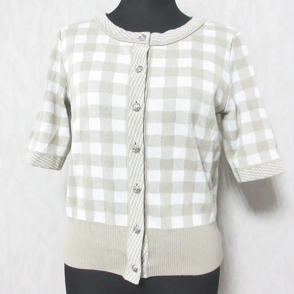 Rene ルネ ギンガムチェック柄 フラワーボタン クルーネック ショートスリーブ ニットカーディガン 6922560 36 ベージュ