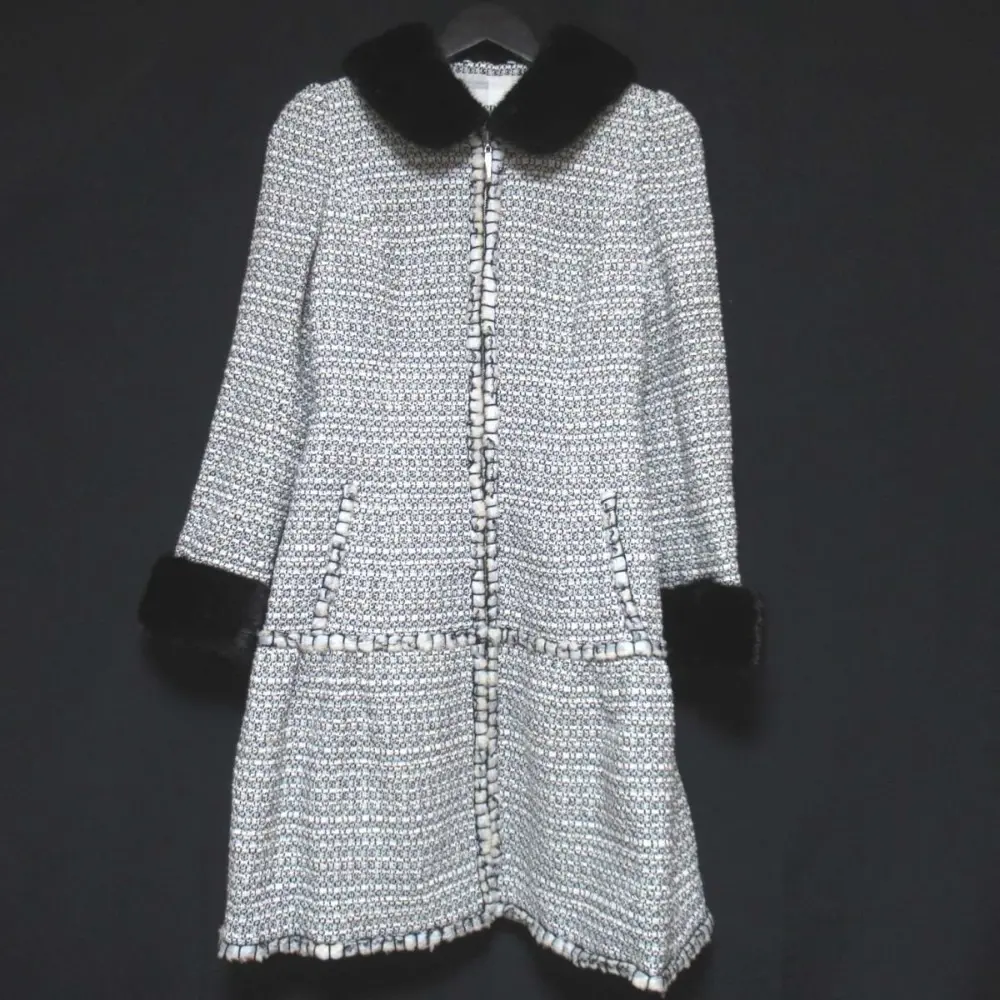 Rene ルネ TISSUE社製 ツイード ミンクファーカラー&カフス ジップアップ コート 6448040 34サイズ ホワイトブラック×ライトブルー