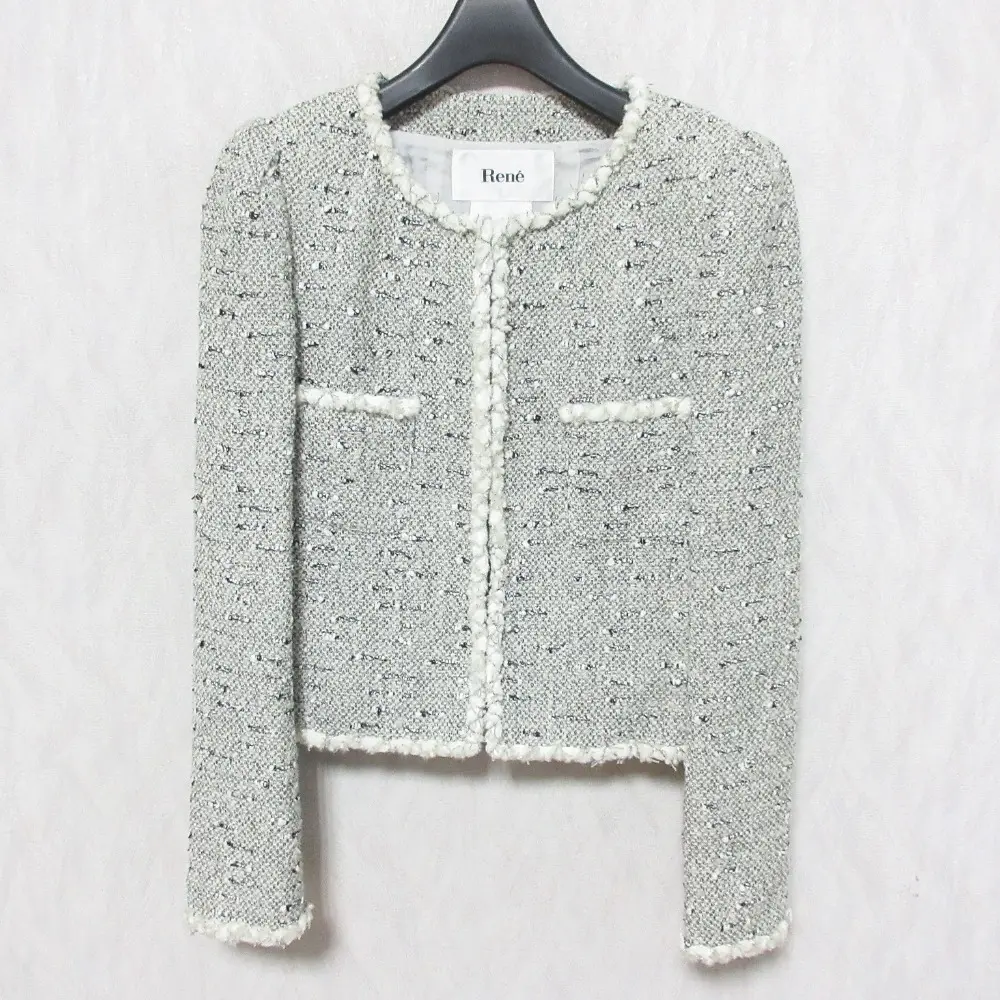 Rene ルネ TISSUE社製生地使用 ノーカラー ツイードジャケット ブルゾン 36 グレー