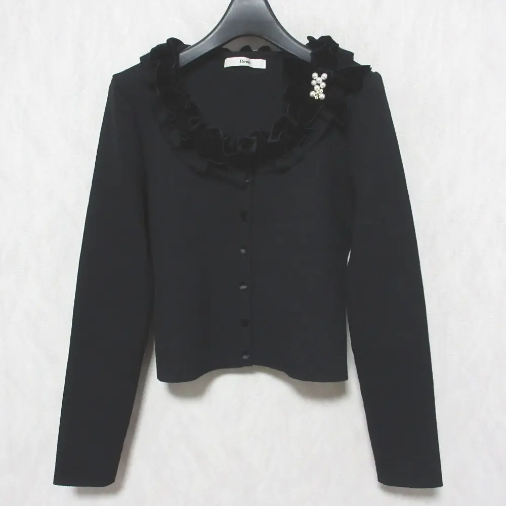 Rene ルネ ウール100％ 別珍リボン フリル ラウンドネック ショート丈 リブニットカーディガン ボレロ 38 ブラック