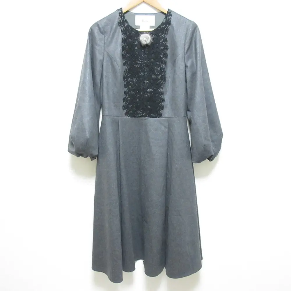 24AW Rene ルネ Dress Martha ストレッチ ミンクスライダー パフスリーブ フラワーレース ワンピース 6446120 サイズ38 グレー