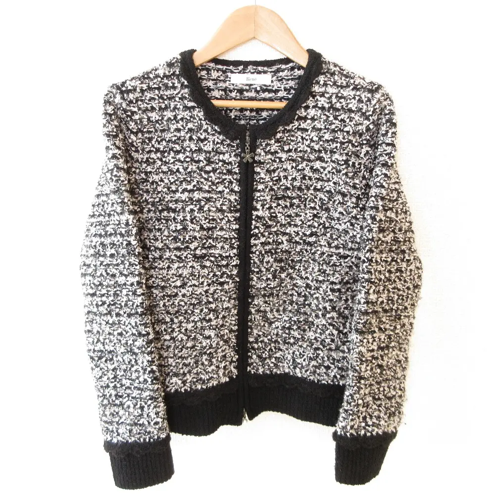 24AW Rene ルネ スカラップ ツイードニット ノーカラージャケット 6432640 34 ピンク×ブラック×ホワイト