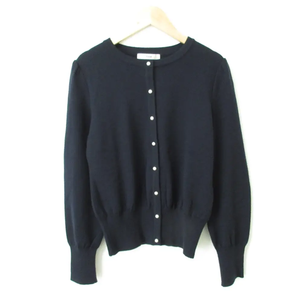 Rene ルネ ウール ストレッチ パール調ボタン 長袖 クルーネック ハイゲージ ニットカーディガン 36 ネイビー