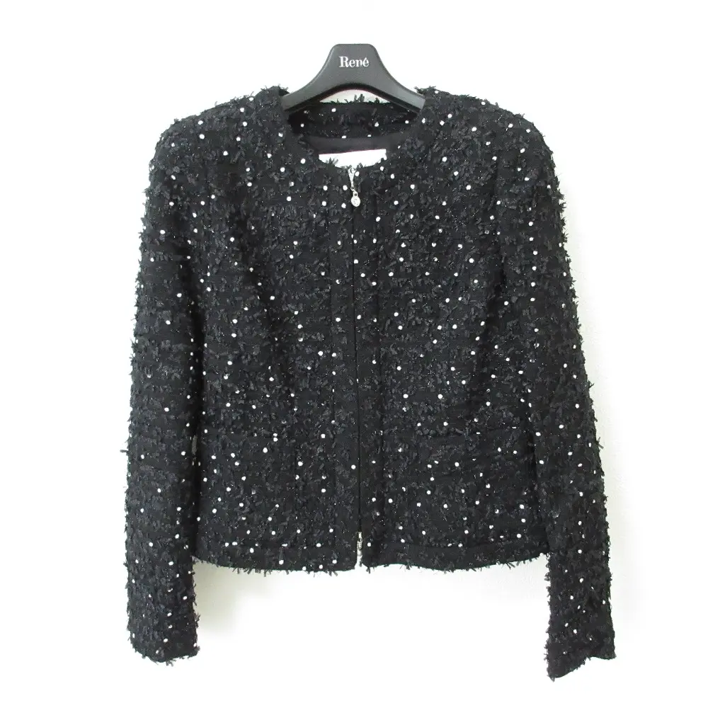 RENE ルネ リボンヤーン トッドツイード パール ビジュー ダブルジップ ノーカラージャケット 6743040 36 ブラック