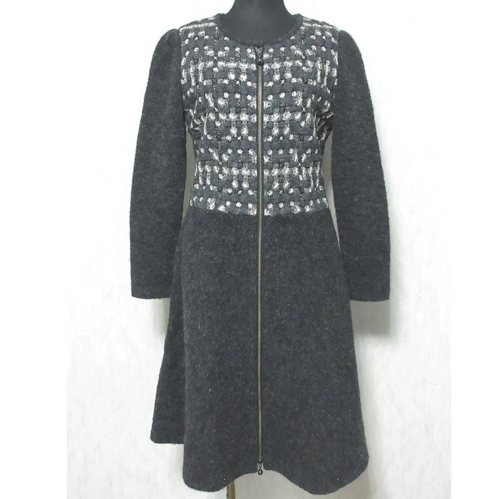 Rene ルネ ベビーアルパカ フロントジップ 刺繍 レースドッキング 長袖 ひざ丈 ニットワンピース 36 グレー