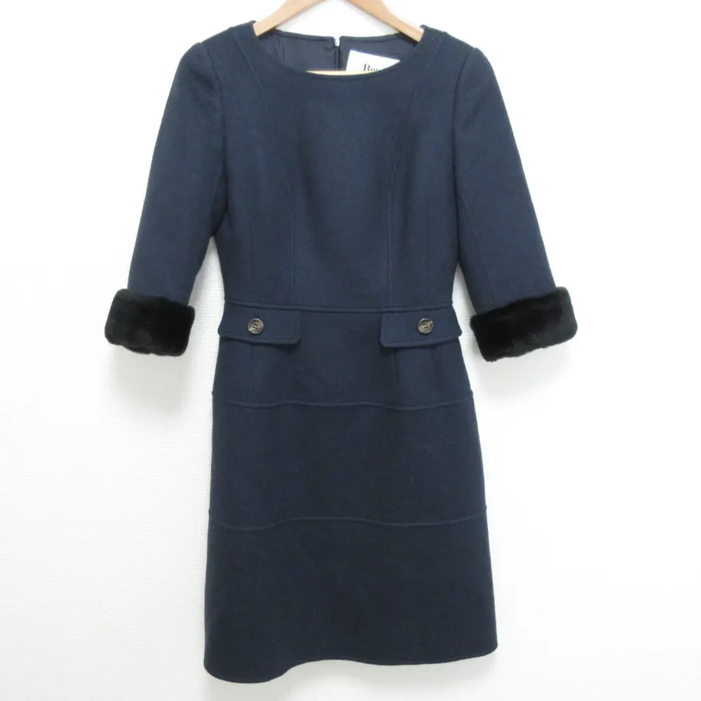 Rene ルネ TISSUE社製生地 アンゴラブレンド ヌートリアファー 2WAY 七分袖 ひざ丈 ワンピース ドレス サイズ36 ネイビー
