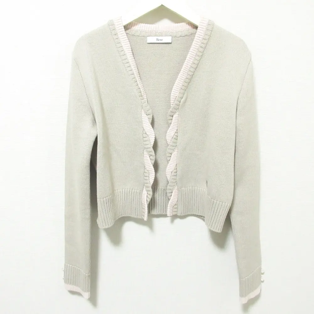 22SS Rene ルネ 袖パール オープンフロント ニット カーディガン 6212060 34 ベージュ×ピンク