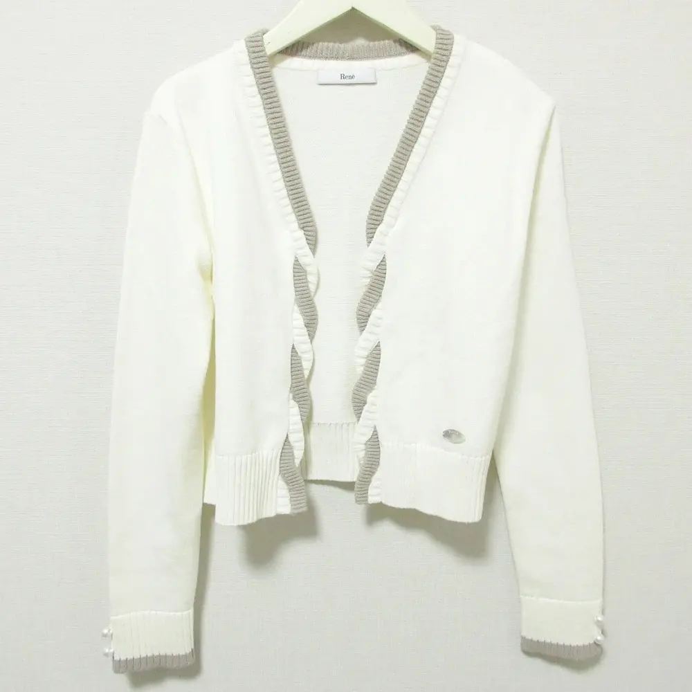 22SS Rene ルネ 袖パール オープンフロント ニット カーディガン 6212060 34 ホワイト×モカ