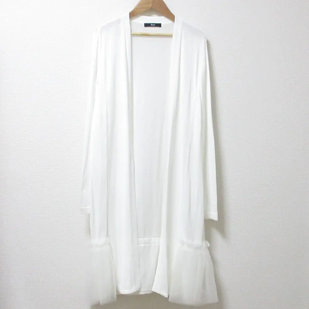 Rene basic ルネベーシック ボタンレス ロングスリーブ チュールドッキング ロングカーディガン ニットガウン 36 ホワイト