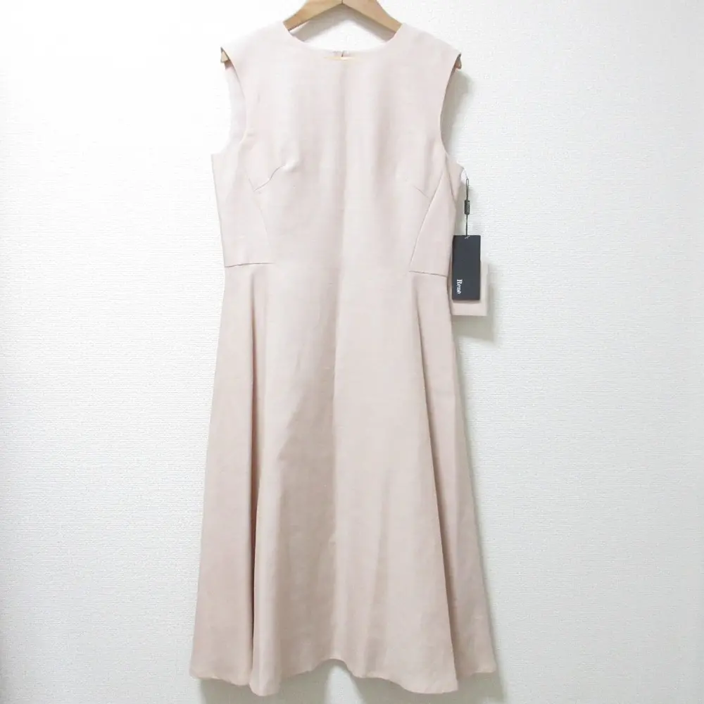 Rene ルネ リネン100％ クルーネック ノースリーブ ひざ丈 ミディ丈 タック プリーツ フレア ワンピース ドレス 36 ピンク