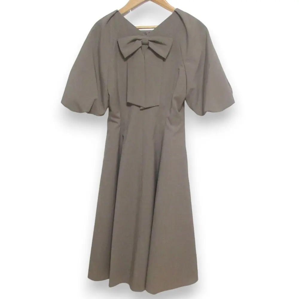 23SS Rene ルネ リボン Vネック バルーンスリーブ マキシ丈ワンピース 36 ブラウン系