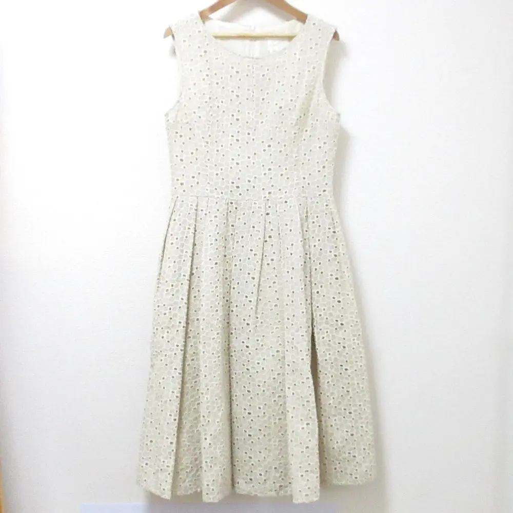 Rene ルネ リネン エンブロイダリーレース ノースリーブ ミモレ丈 タックフレア ワンピース 36 ベージュ