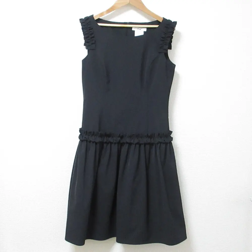 Rene ルネ ノースリーブ ひざ丈 フリル タックフレアワンピース ドレス 36 ブラック