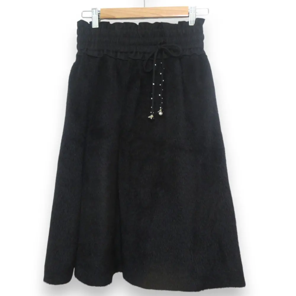 24AW Rene ルネ アルパカ×ウールブレンド パールリボン ミモレ丈 イージーボアスカート サイズ36 ブラック