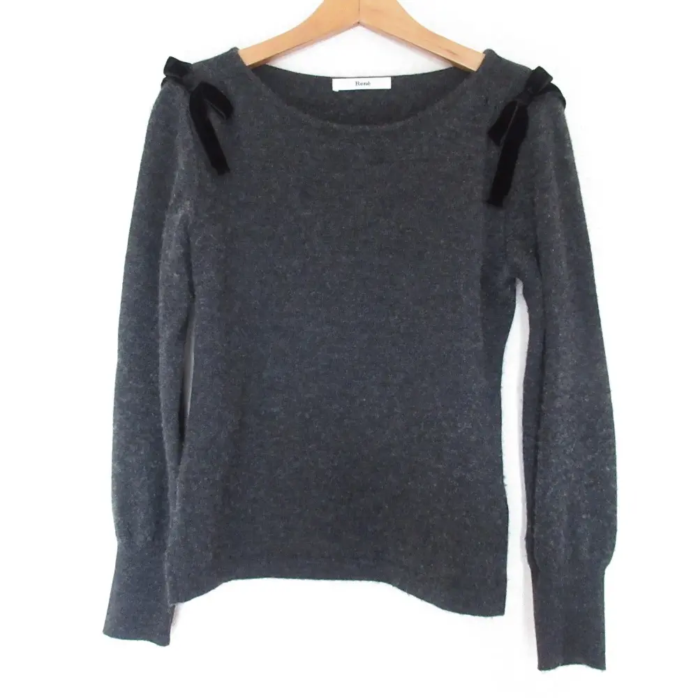 Rene ルネ カシミアブレンド ショルダーリボン 長袖 プルオーバー ニット カットソー セーター 34 グレー