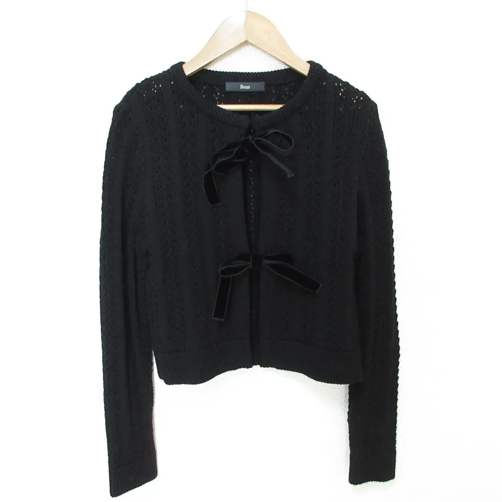 22AW Rene ルネ ベルベットリボン 長袖 クルーネック 透かし編み ニットカーディガン ボレロ 5242150 サイズ36 ブラック
