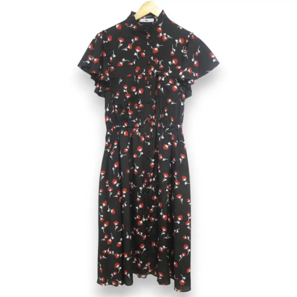 21AW Rene ルネ  フラワープリント フロントボタン 半袖 ロングワンピース サイズ36 ブラック×レッド