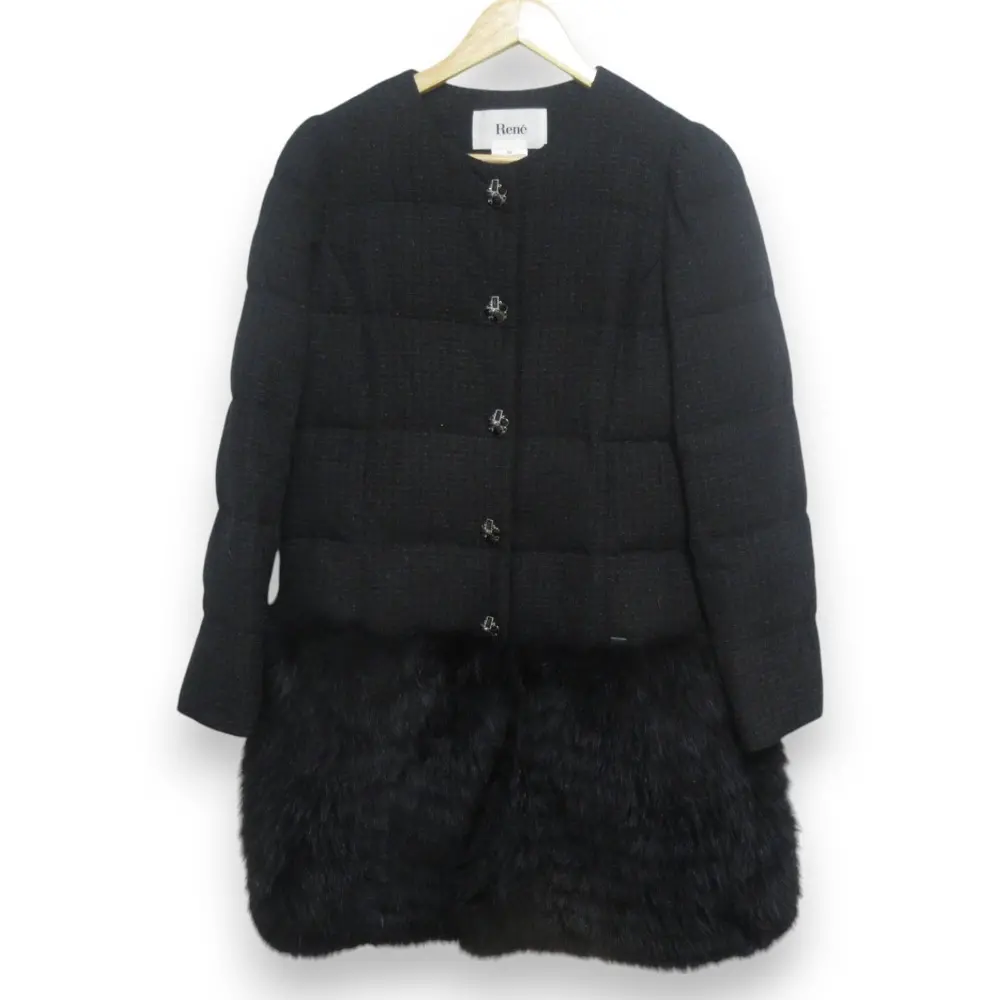 Rene ルネ ツイード×フォックスファーコンビ ノーカラー ダウンコート サイズ36 ブラック